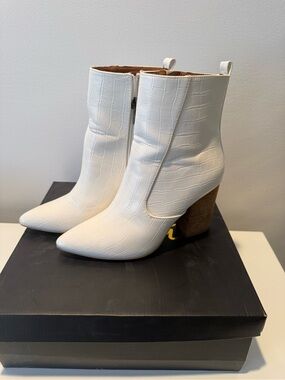 White Croc-Embossed Block Heel Ankle Boots